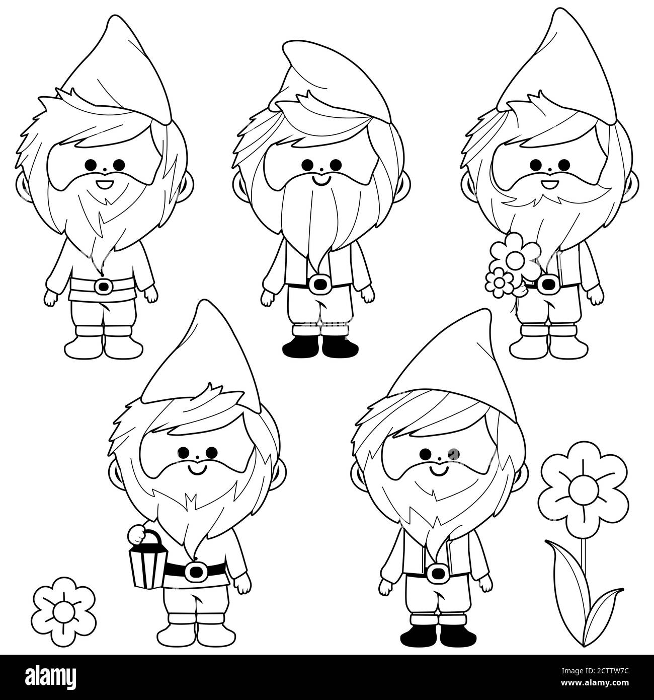 Nains de jardin mignons. Page de livre de coloriage noir et blanc Banque D'Images