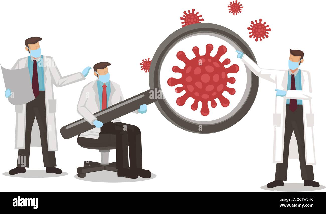 Médecin utilisant la loupe pour la recherche sur le coronavirus. Concept de protection ou de quarantaine ou de prévention des risques contre les épidémies virales. Illustration vectorielle Illustration de Vecteur