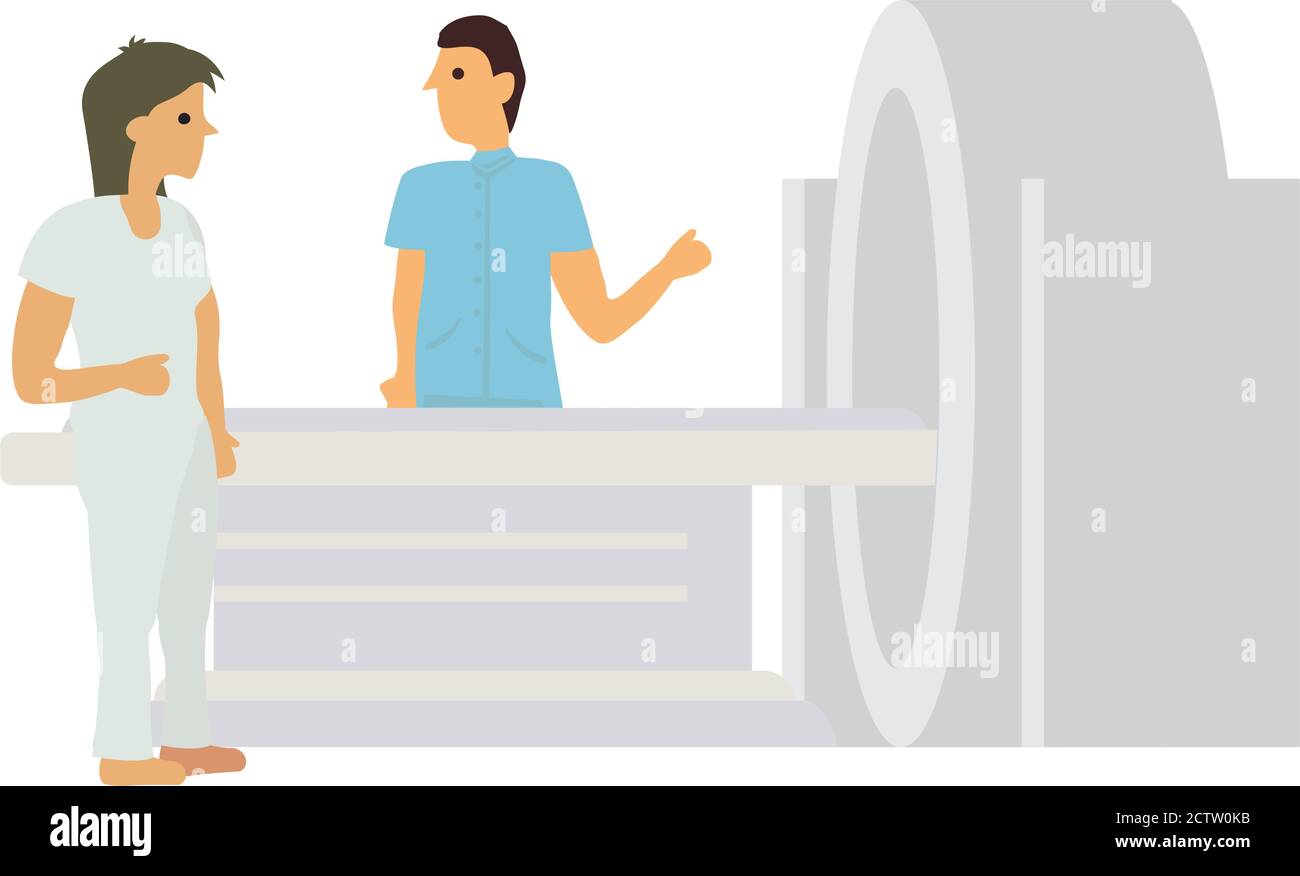 Femme subissant une acquisition CT à l'hôpital. Illustration vectorielle de personnage de dessin animé plat isolée sur fond blanc. Illustration de Vecteur