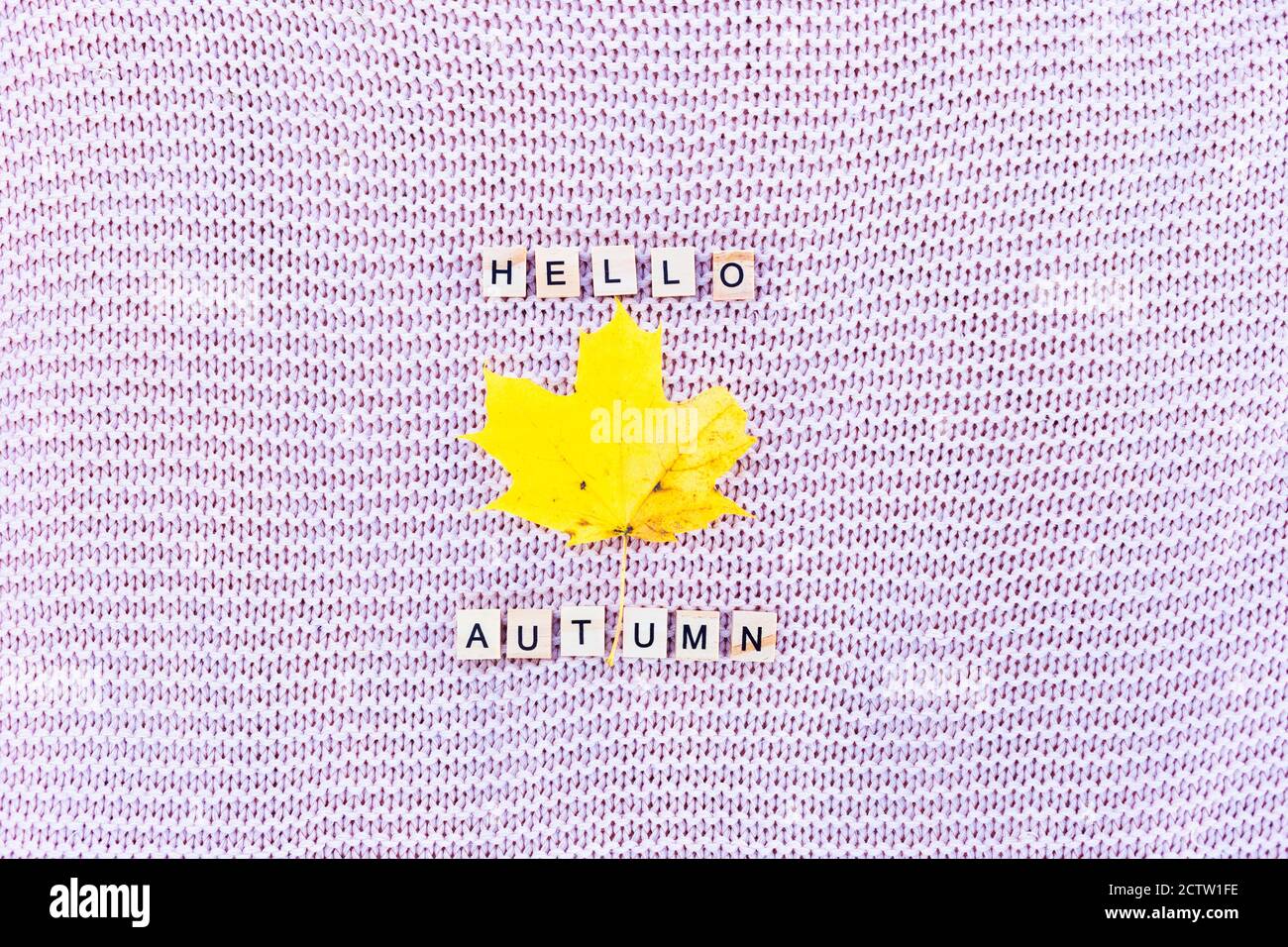 Une feuille jaune et les mots HELLO AUTUMN se trouvent sur un fond tricoté. Banque D'Images