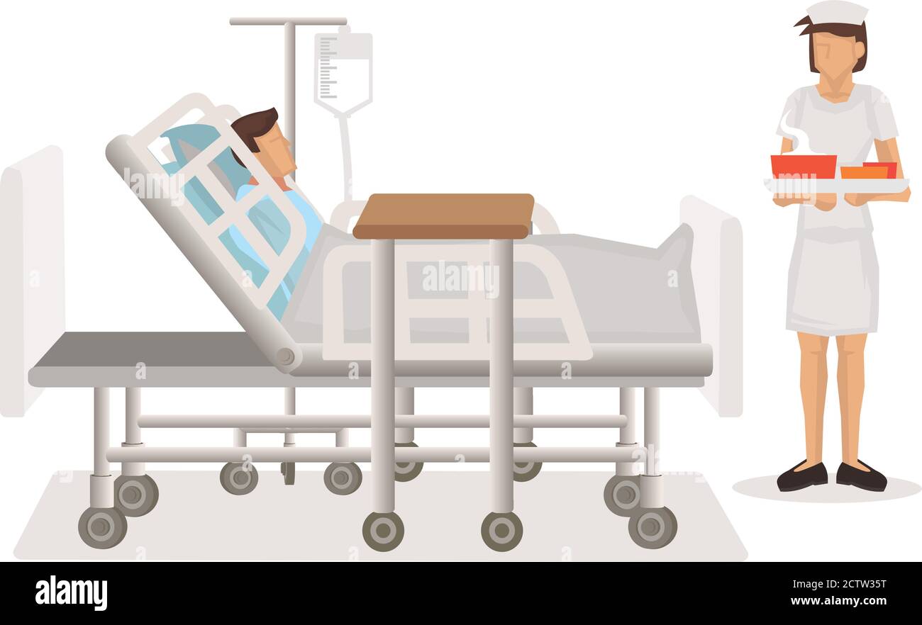 Nourriture délivrée à un patient dans le lit d'hôpital par une infirmière. Illustration vectorielle de personnage de dessin animé plat isolée. Illustration de Vecteur