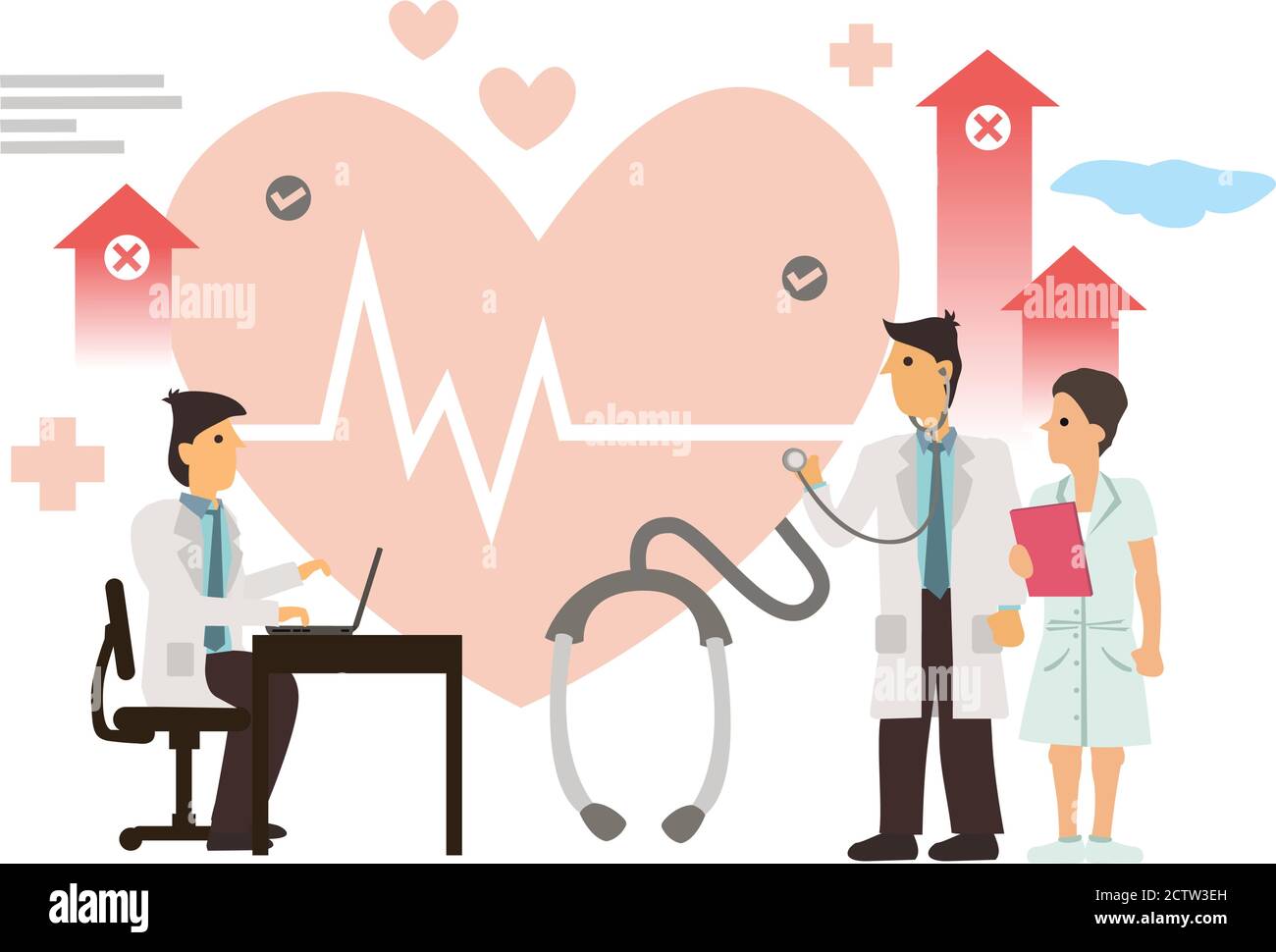 Les médecins étudient pour trouver une solution de médication cardiaque. Cardiologie concept de soins de santé. Illustration du vecteur de caractère de dessin animé plat. Illustration de Vecteur