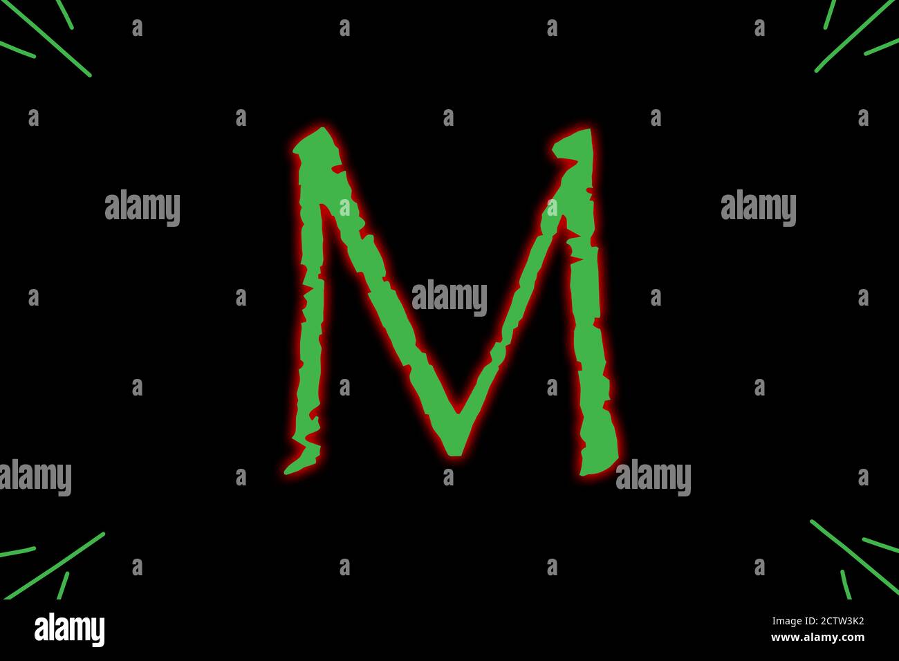 La lettre M est tapée avec une police de caractères génériques en vert avec une lueur externe rouge. Banque D'Images
