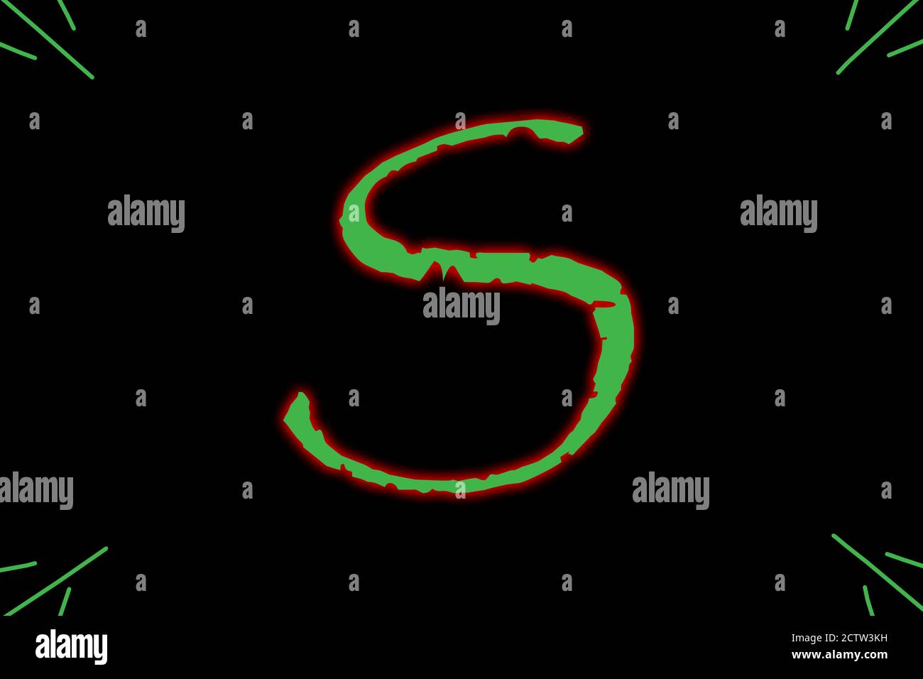 La lettre S est tapée avec une police de caractères génériques en vert avec une lueur externe rouge. Banque D'Images