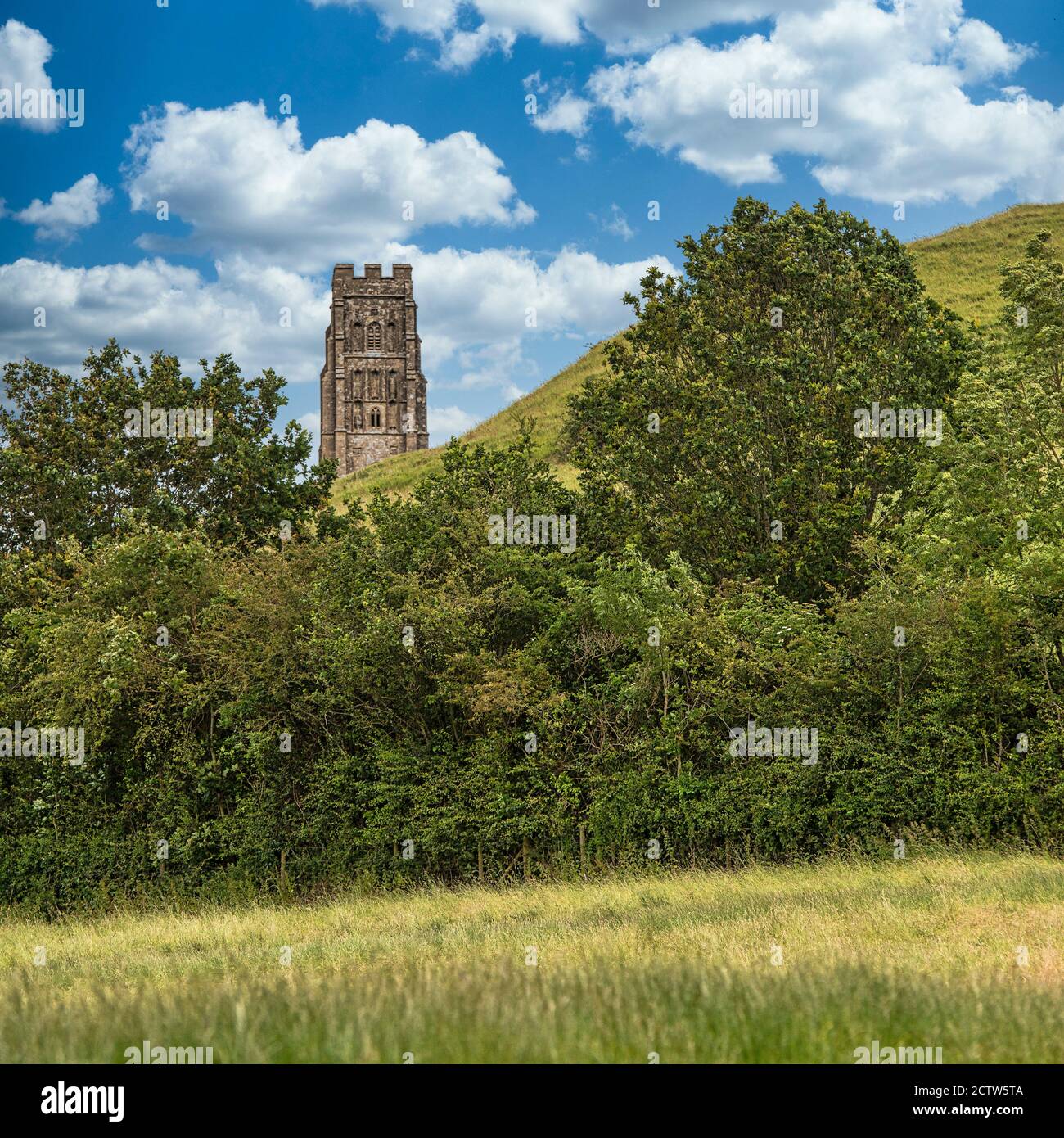 Tour de l'église paroissiale Jean-Baptiste vue depuis la montée de Chalice Hill jusqu'à Glastonbury Tor. Glastonbury, Somerset, Angleterre. Banque D'Images