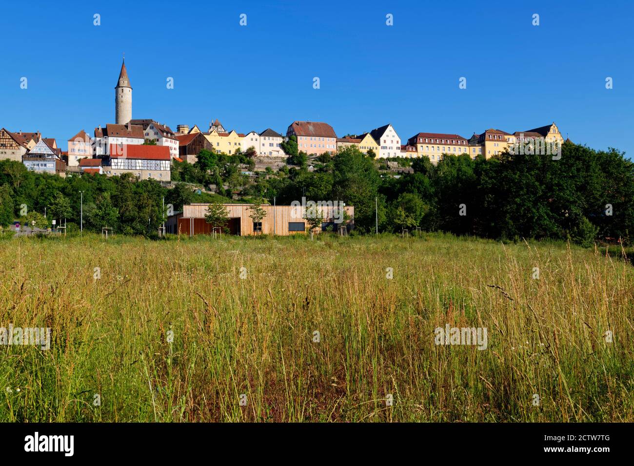 Kirchberg an der Jagst: Vue de la vieille ville, vue de la vallée, Hohenlohe, Schwäbisch Hall District, Bade-Wurtemberg, Allemagne Banque D'Images