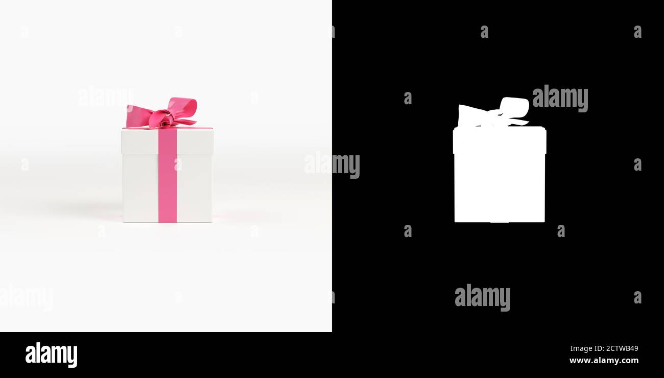Cadeau avec ruban rose. Isolé sur fond blanc présent dans la boîte de noël. Masque de fusion alpha chanel inclus. Vue latérale. Rendu 3D Banque D'Images