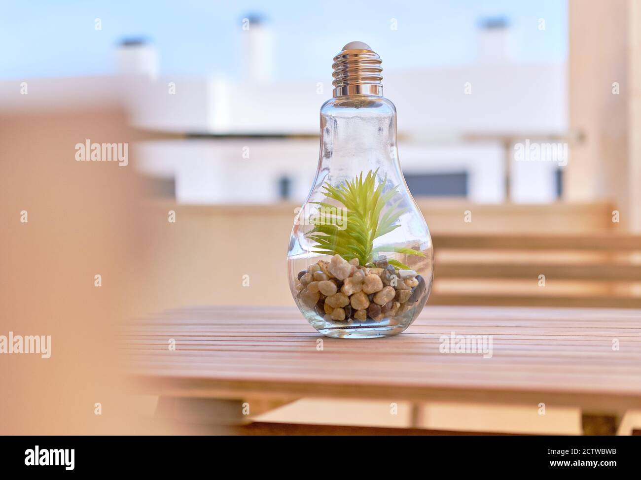 Vase en verre transparent à ampoule lumineuse avec plante verte et tas de  petites pierres à l'intérieur sur une table en bois dans la zone mitoyenne  à l'extérieur. Belle décoration de maison