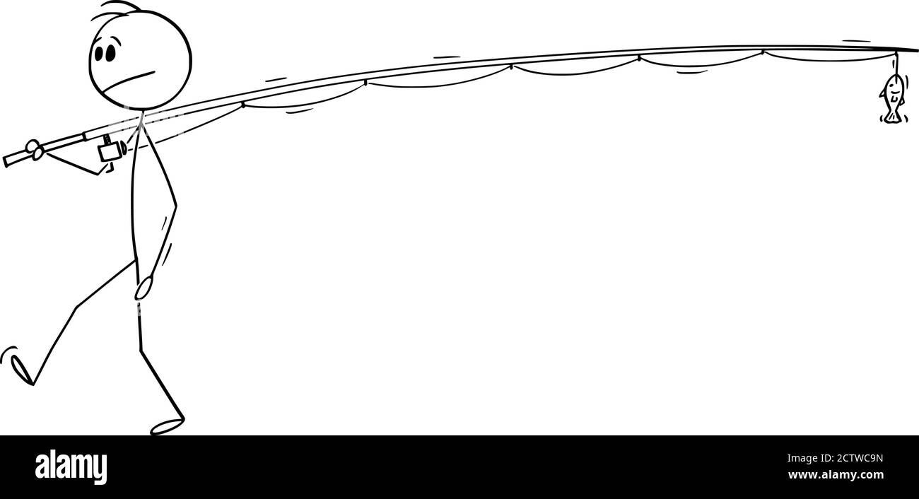 Dessin vectoriel de bâton de dessin dessin illustration conceptuelle d'homme ou de pêcheur tenant ou portant une longue ou grande canne à pêche avec de petits poissons. Illustration de Vecteur