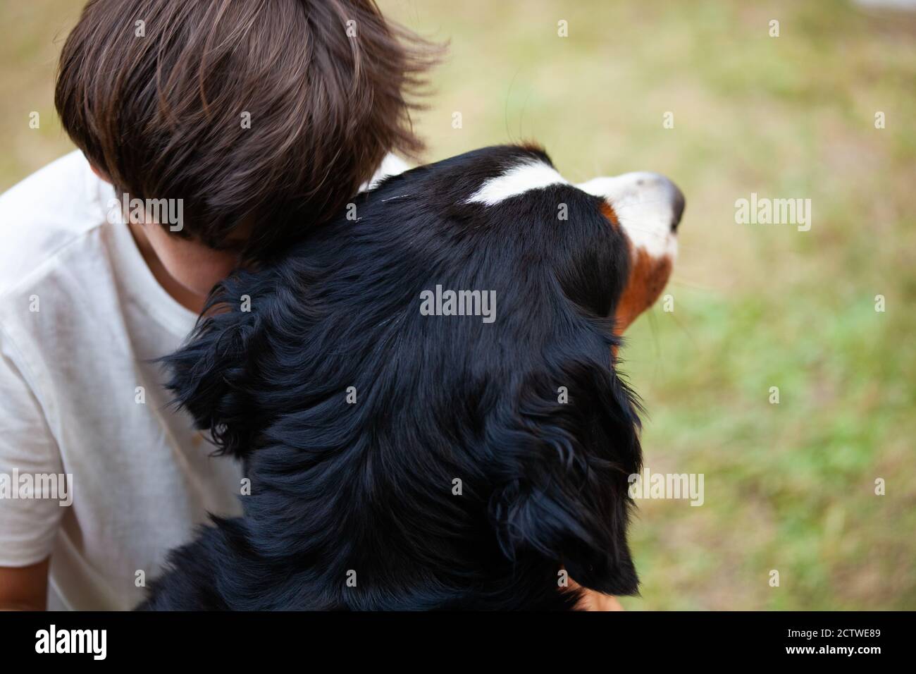 L'enfant embrasse son chien qui repose sa tête comme un signe d'affection et de confort. Banque D'Images