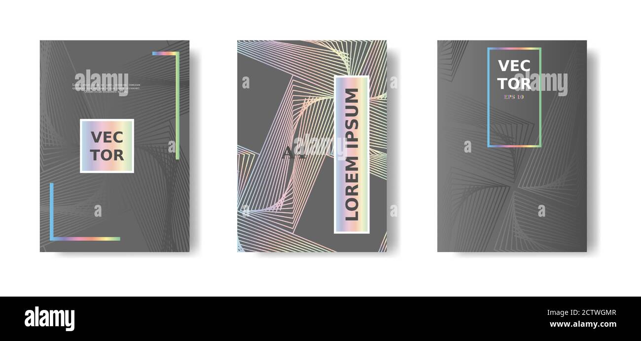 Couverture holographique, motif de titre dans des lignes de couleur. Catalogue Vector A4, jeu futuriste magazine. Illustration de Vecteur