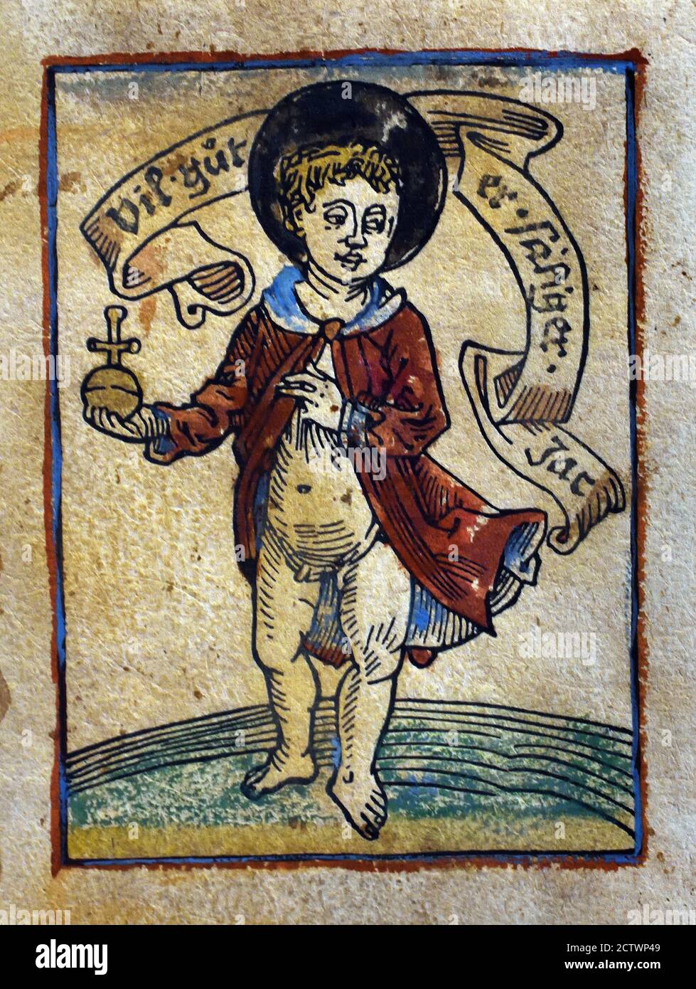 Christ enfant avec une pomme riche et une bannière avec le nouvel an 1485 fabricant: Anonyme après conception par: Erhard Reuwich - Reewijk 1445-1485 Imprimeur néerlandais: Allemagne 1480 - 1499 feuille de bois, papier de couleur main Banque D'Images