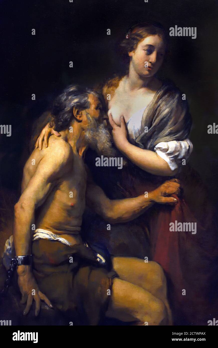 Cimon et Pero 1655 Willem Drost Amsterdam, 1633 – Venise, 1659 pays-Bas ( Cimon est condamné à la famine. Sa fille Pero lui rend visite en prison et le maintient en vie en l'allaitant secrètement ) Banque D'Images
