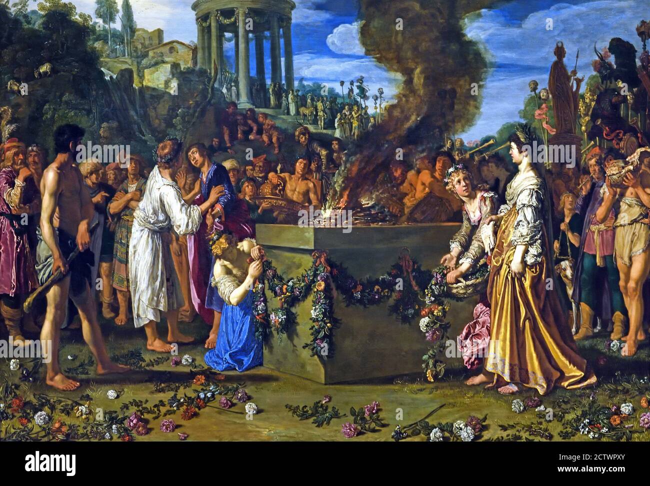 Le différend entre Orestes et Pylades 1614 Pieter Lastman 1583-1633. Pays-Bas ( Orestes et Pylades (à gauche) ont été pris pour tenter de voler la statue de Diana du temple (à gauche). L'un d'eux devra mourir. ) Banque D'Images