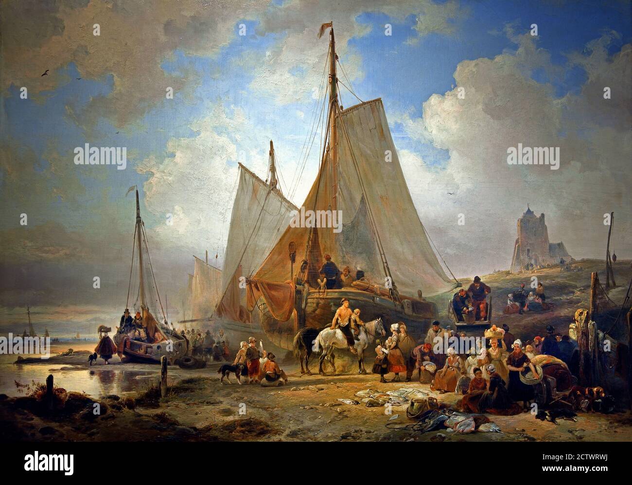 Bateaux de pêche sur la plage avec pêcheurs et femmes triant les prises, 1835 Wijnand Nuijen 1813-1839 Hollande, pays-Bas, néerlandais. Banque D'Images