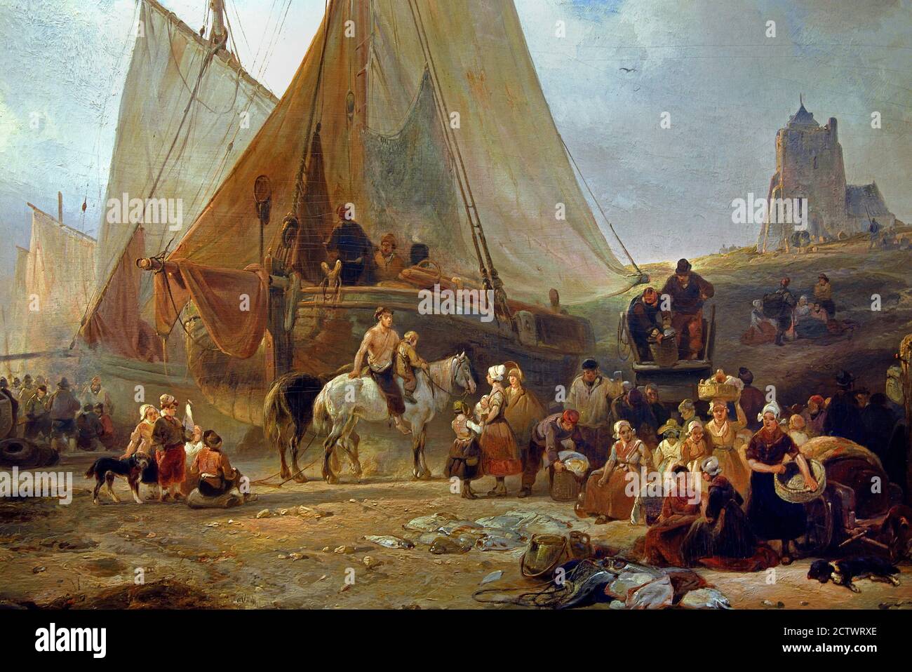 Bateaux de pêche sur la plage avec pêcheurs et femmes triant les prises, 1835 Wijnand Nuijen 1813-1839 Hollande, pays-Bas, néerlandais. Banque D'Images