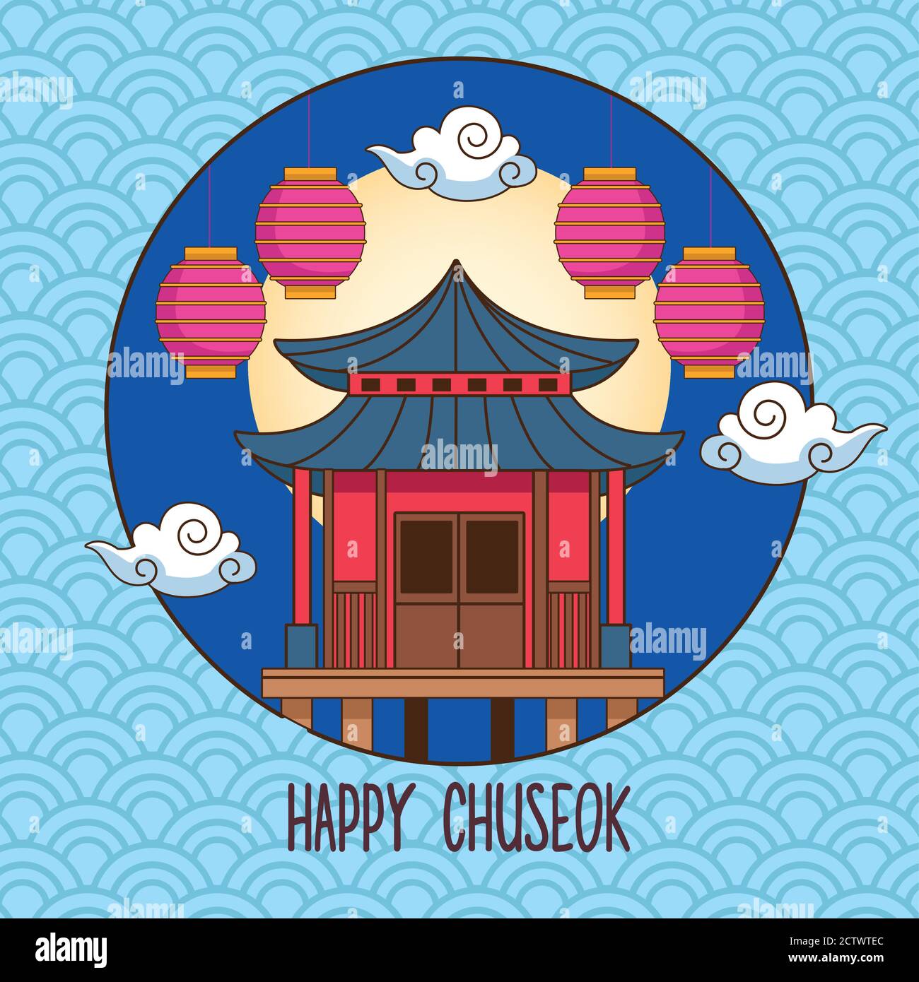 bonne célébration chuseok avec bâtiment chinois et illustration vectorielle de lanternes conception Illustration de Vecteur