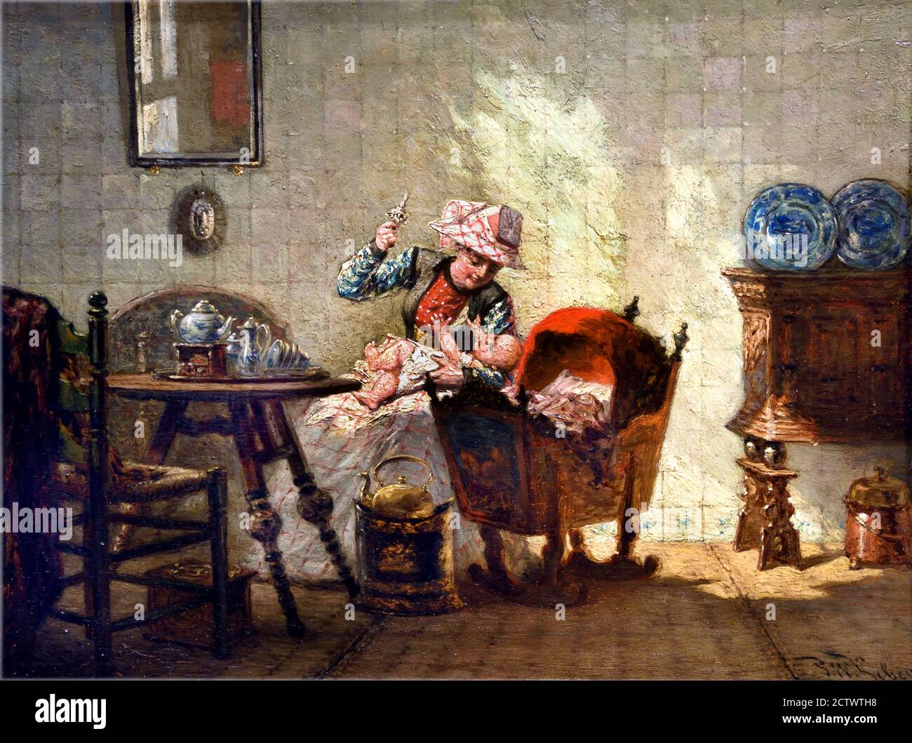Intérieur Hindelooper avec berceau, peint par Pieter Willem Sebes  (1827-1906). Hindelooper art est un type de peinture décorative  traditionnelle originaire de la province de Friesland, Hindeloopen, aux pays -Bas Photo Stock - Alamy
