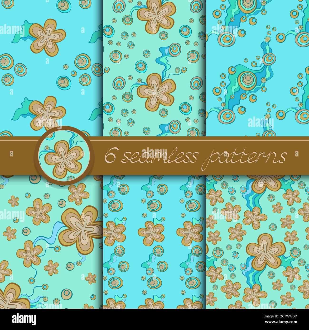 Ensemble vectoriel de motifs sans couture avec éléments floraux. Collection de motifs de couleur vert clair et marron. Illustration de Vecteur