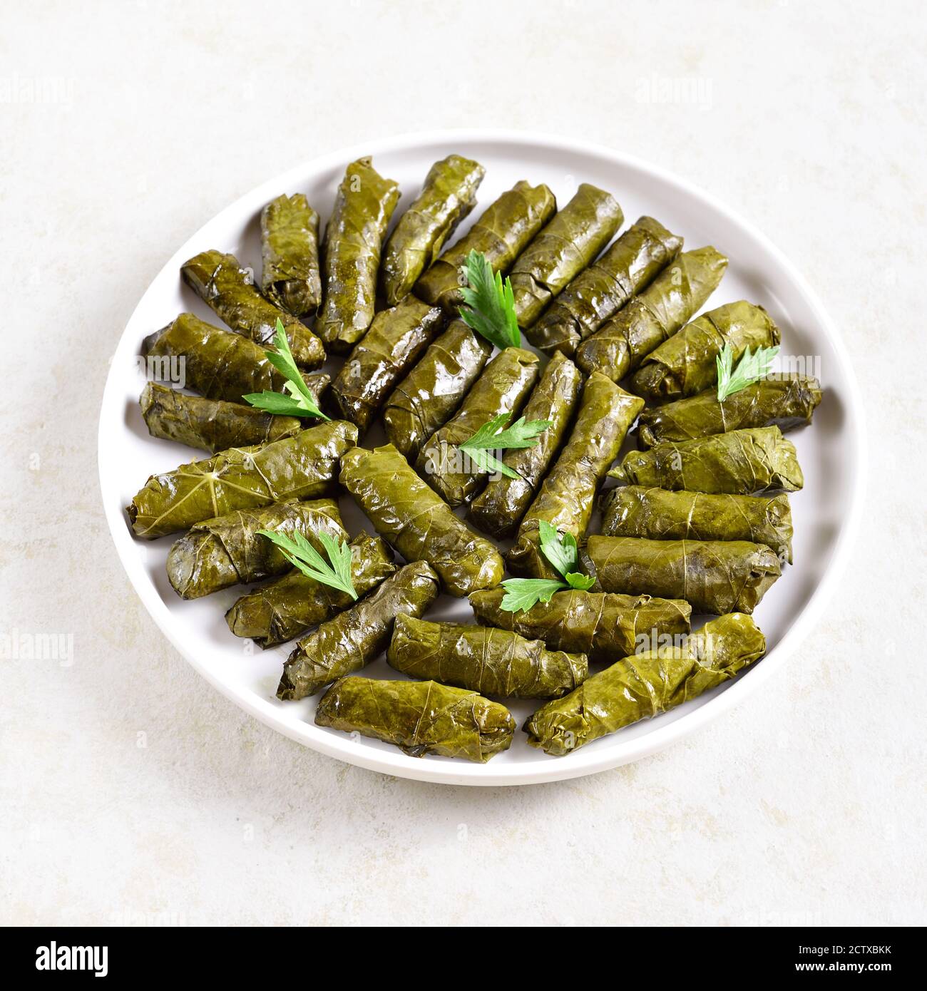 Vue panoramique sur le dolma, feuilles de raisin farcies avec riz et viande sur fond de pierre légère. Banque D'Images