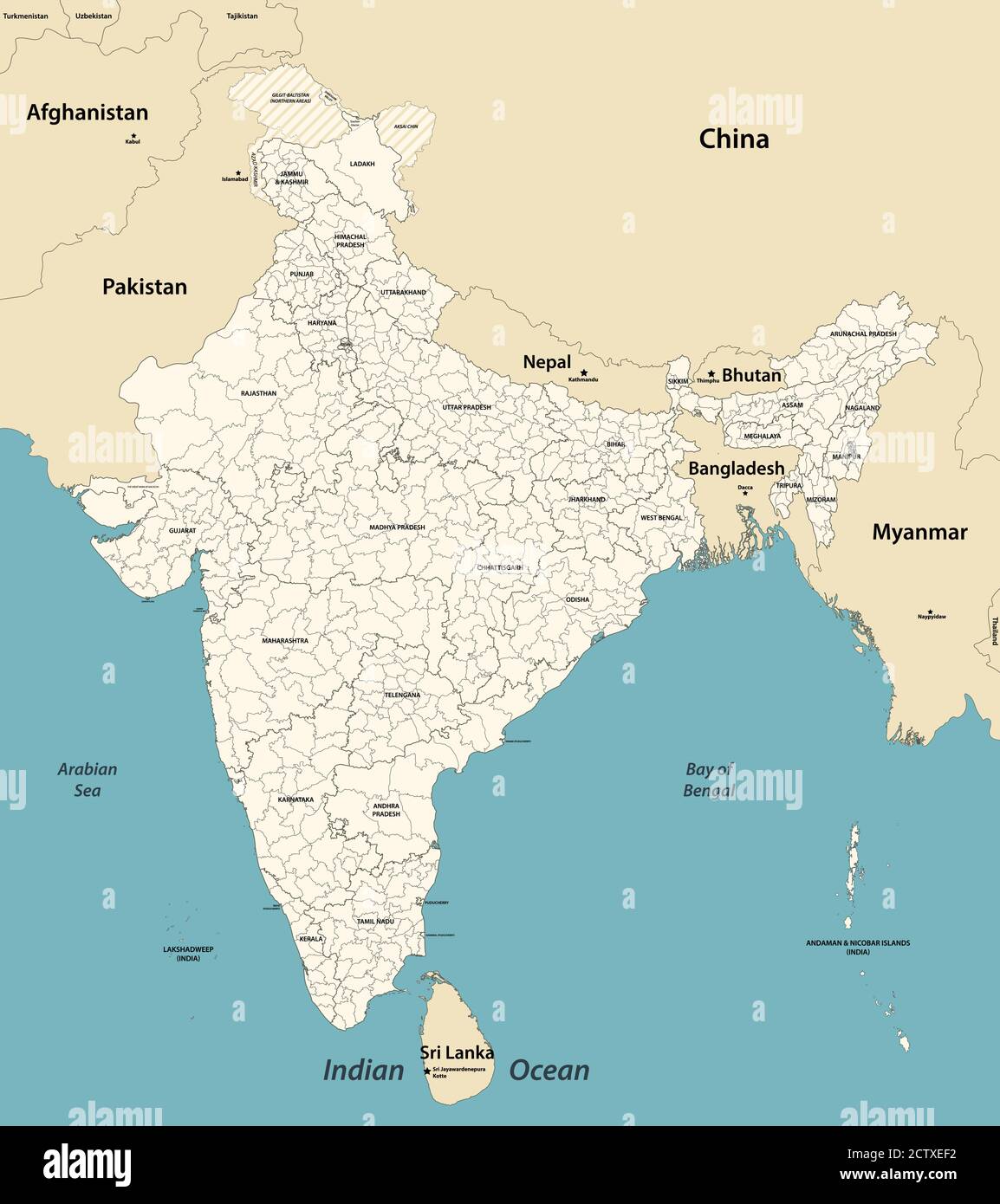 Carte vectorielle des divisions administratives de l'Inde avec les pays voisins Illustration de Vecteur