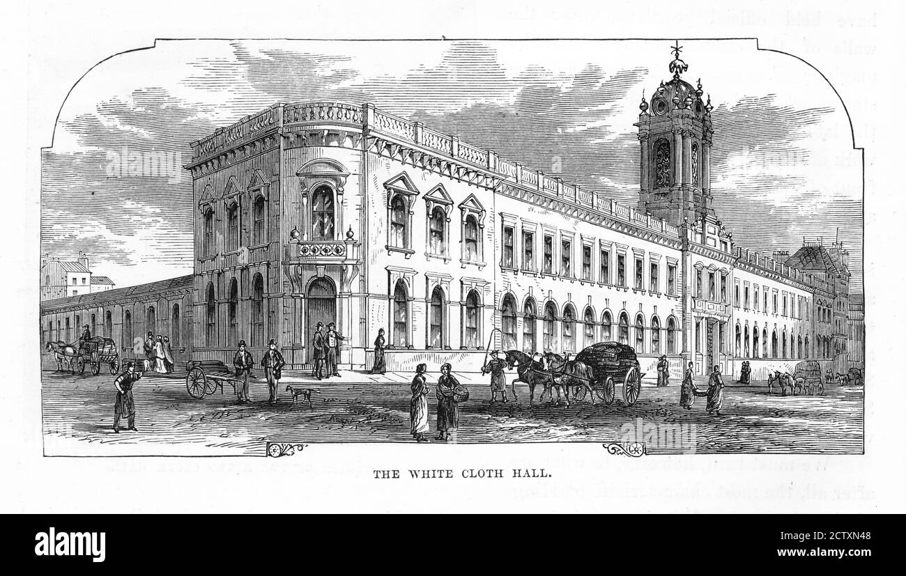 Extérieur du White Cloth Hall, Leeds, Angleterre gravure victorienne Banque D'Images