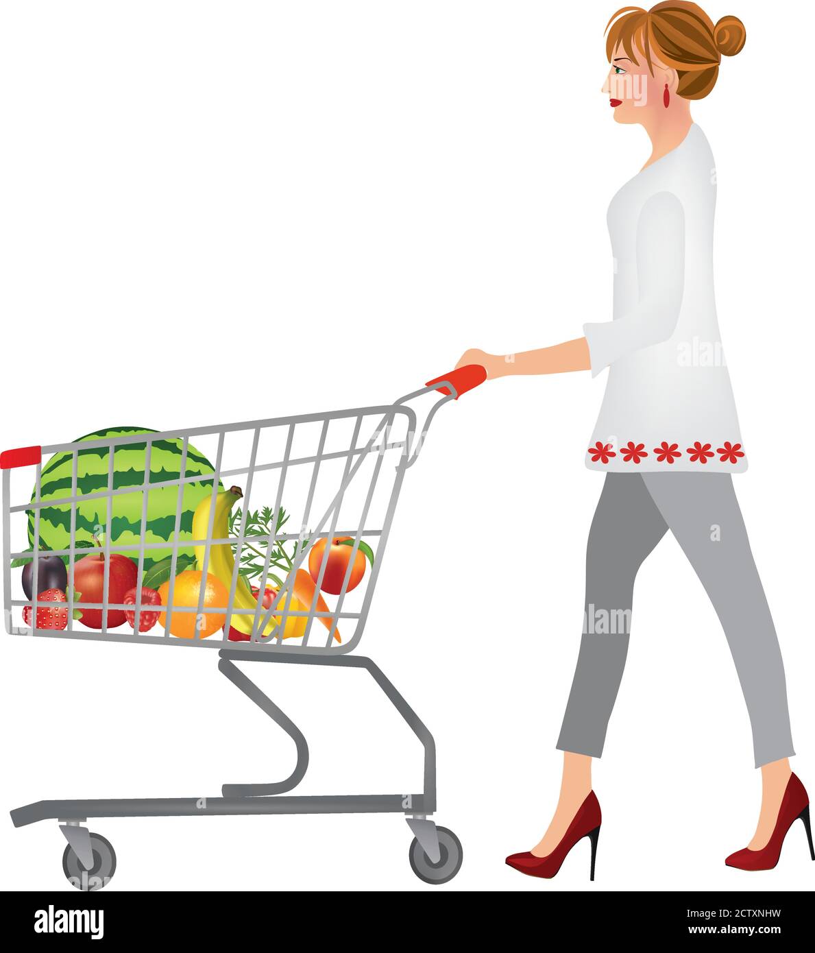 Femme poussant un panier plein de fruits et légumes, vecteur Illustration de Vecteur