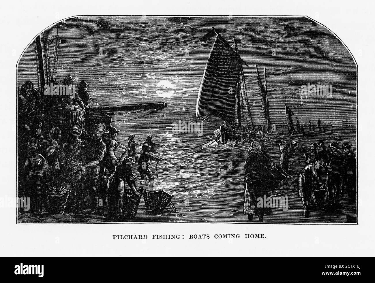 Bateaux de pêche de pilchard Retuning à Cornwall, Angleterre Victorian Engraving, 1840 Banque D'Images