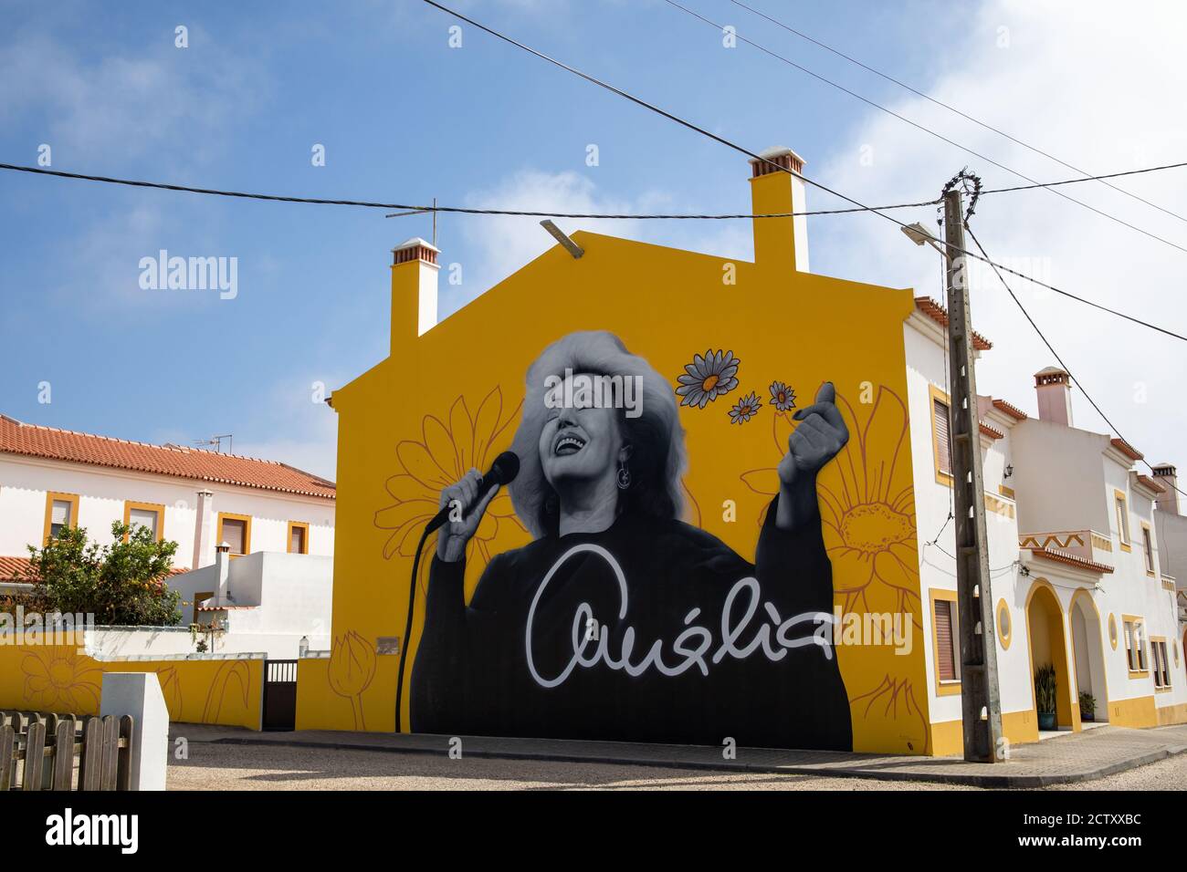 Art de rue représentant le chanteur de fado, Amália Rodrigues, à Brejão, Alentejo. Banque D'Images