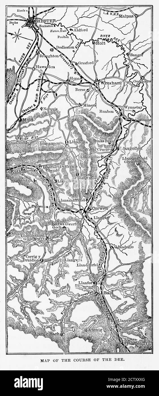 Carte de la rivière Dee, pays de Galles gravure victorienne, Circa 1840 Banque D'Images