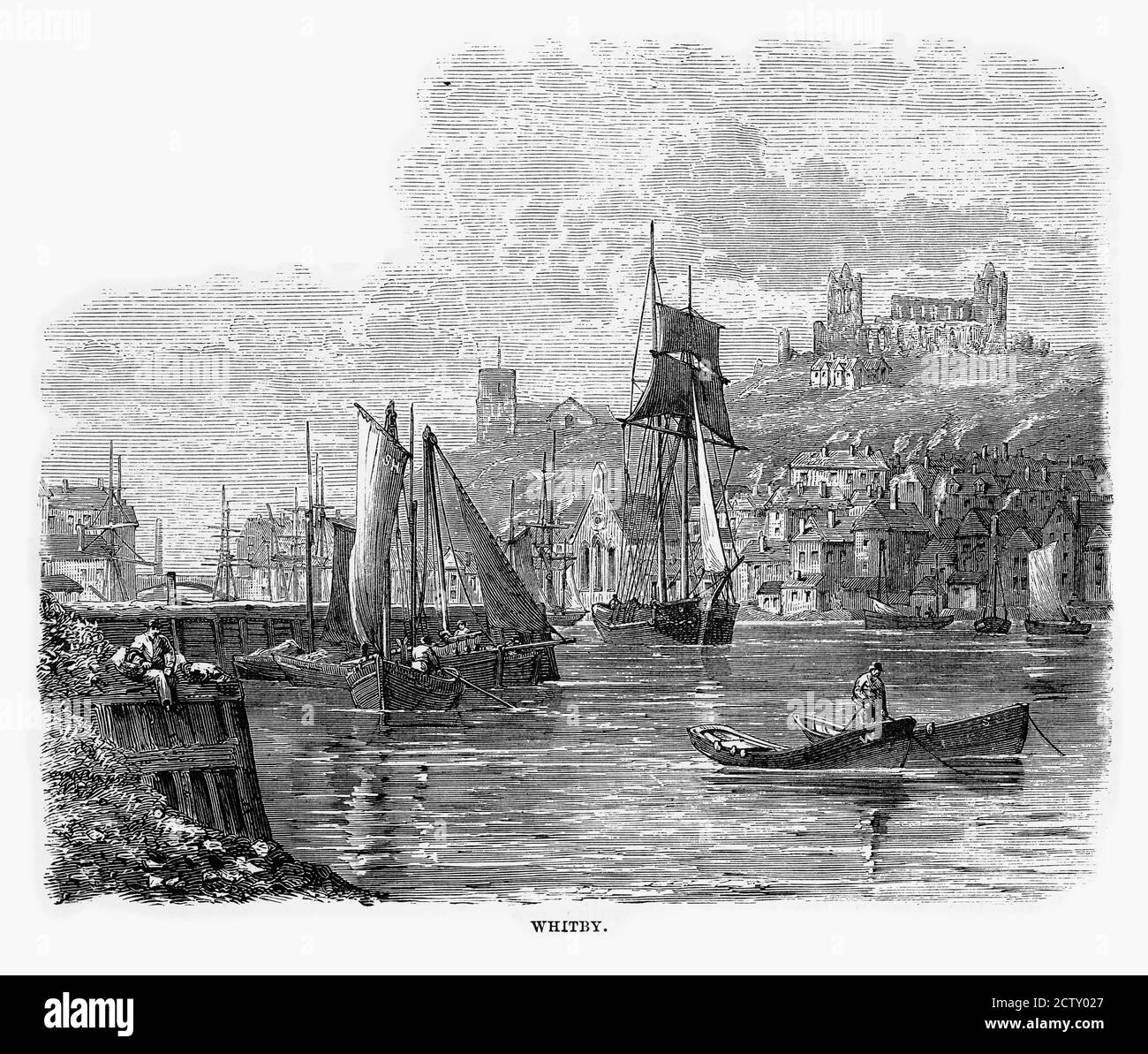 Village de pêcheurs de Whitby dans le Yorkshire, Angleterre gravure victorienne, Circa 1840 Banque D'Images