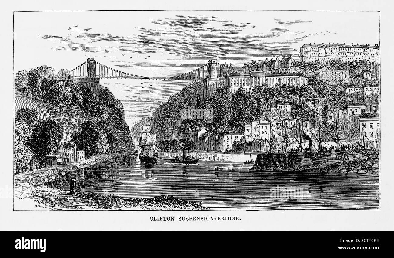 Pont suspendu de Clifton à Bristol, Angleterre gravure victorienne, Circa 1840 Banque D'Images