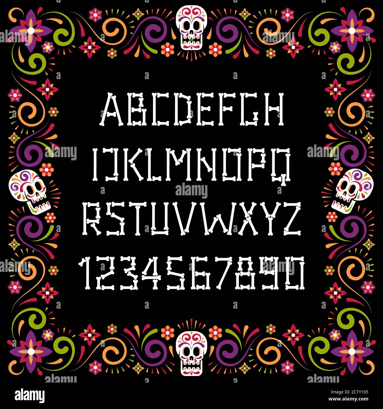 Police d'os dia de muertos et cadre de fleurs festives Illustration de Vecteur