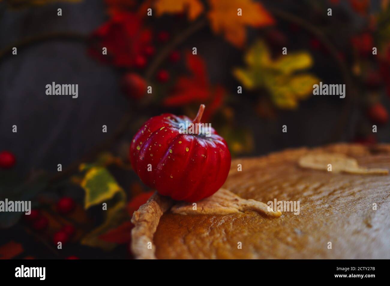 Gros plan de la Pie de citrouille avec une petite Pie artificielle décorative sur le dessus. Vibes d'automne avec plats cuits au four. Banque D'Images