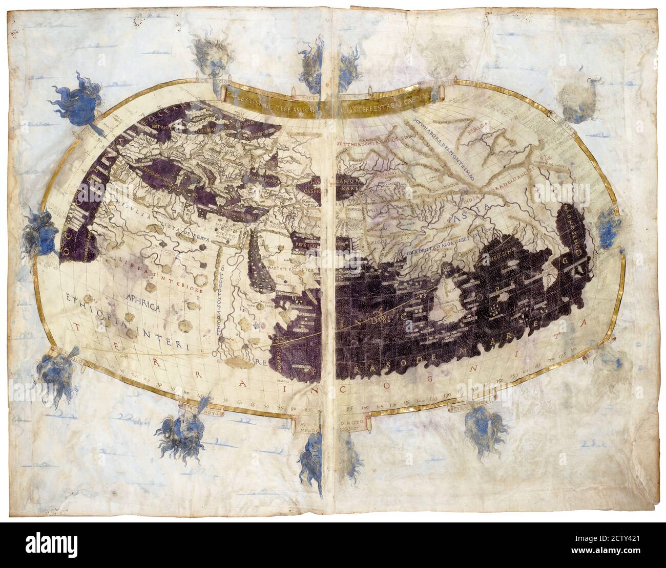 Carte du monde tirée d'un livre médiéval rare Géographie de Claudius Ptolémée publié en 1480. Carte ancienne avec terre et mer. Concept d'antique Banque D'Images