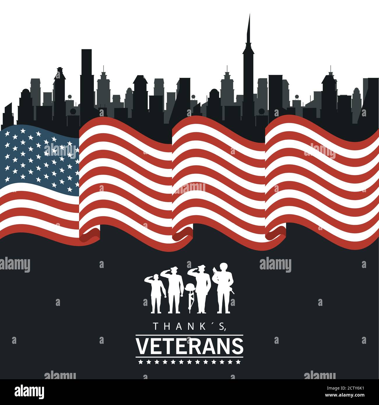 bonne fête des vétérans lettrage dans l'affiche avec les silhouettes des soldats dedans motif d'illustration vecteur drapeau américain Illustration de Vecteur