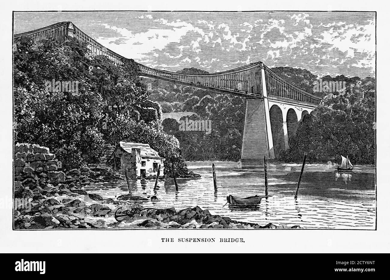 Pont suspendu de Menai à Anglesey, pays de Galles, gravure victorienne, 1840 Banque D'Images