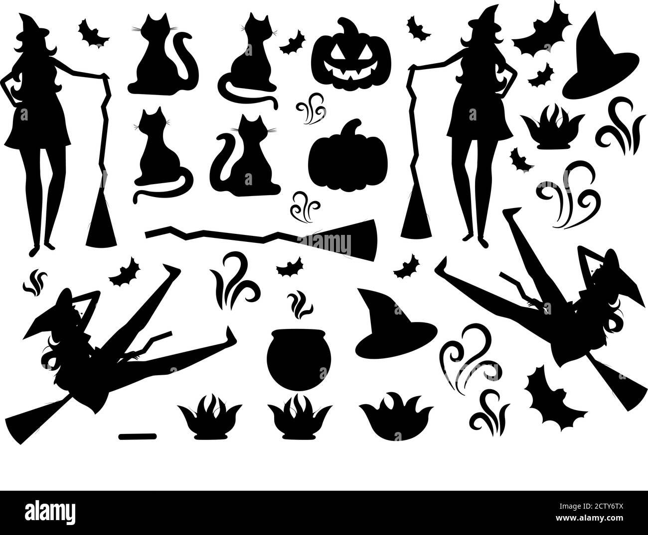 Ce sont les icônes d'Halloween dans le style plat dans cette image. Il y a sorcière, chapeau, chat, chaudière, feu, feu, citrouille, balai. Illustration de Vecteur