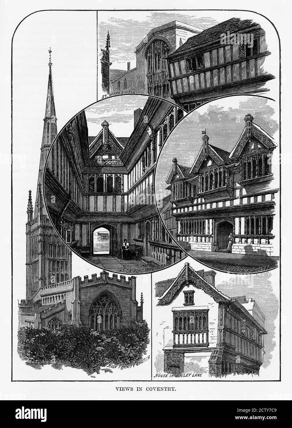 Vues de Coventry, Litchfield, Warwickshire, Angleterre Victorian Engraving, 1840 Banque D'Images