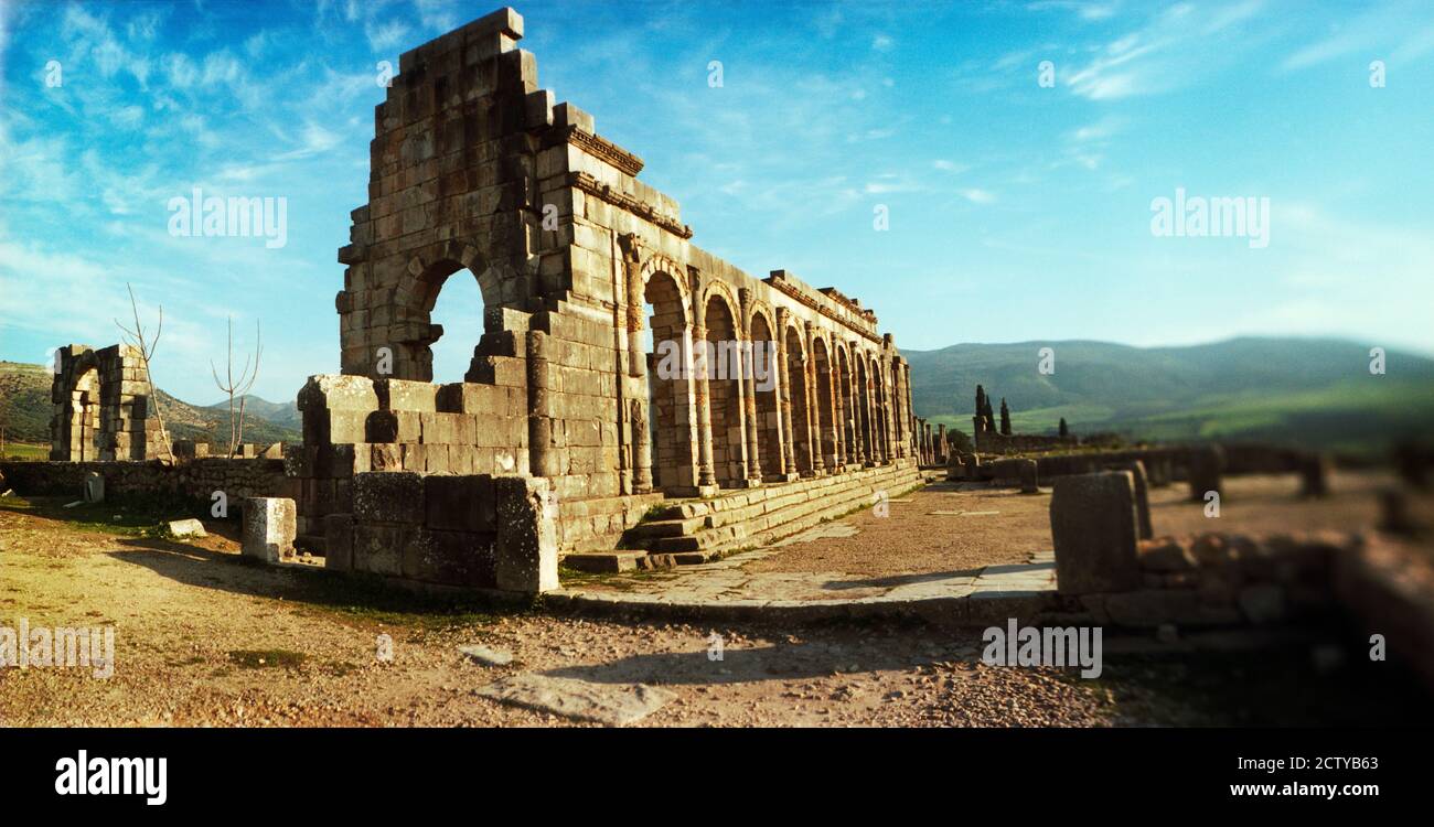 Ruines romaines anciennes sur un site archéologique, Volubilis, Maroc Banque D'Images