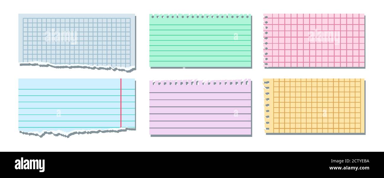Jeu de notes de couleur déchirée. Feuilles de papier pour ordinateur portable dans une cage, en ligne, morceaux déchirés note. Pages vierges du bloc-notes. Collecte de papier déchire vide, feuilles album. Illustration vectorielle isolée Illustration de Vecteur