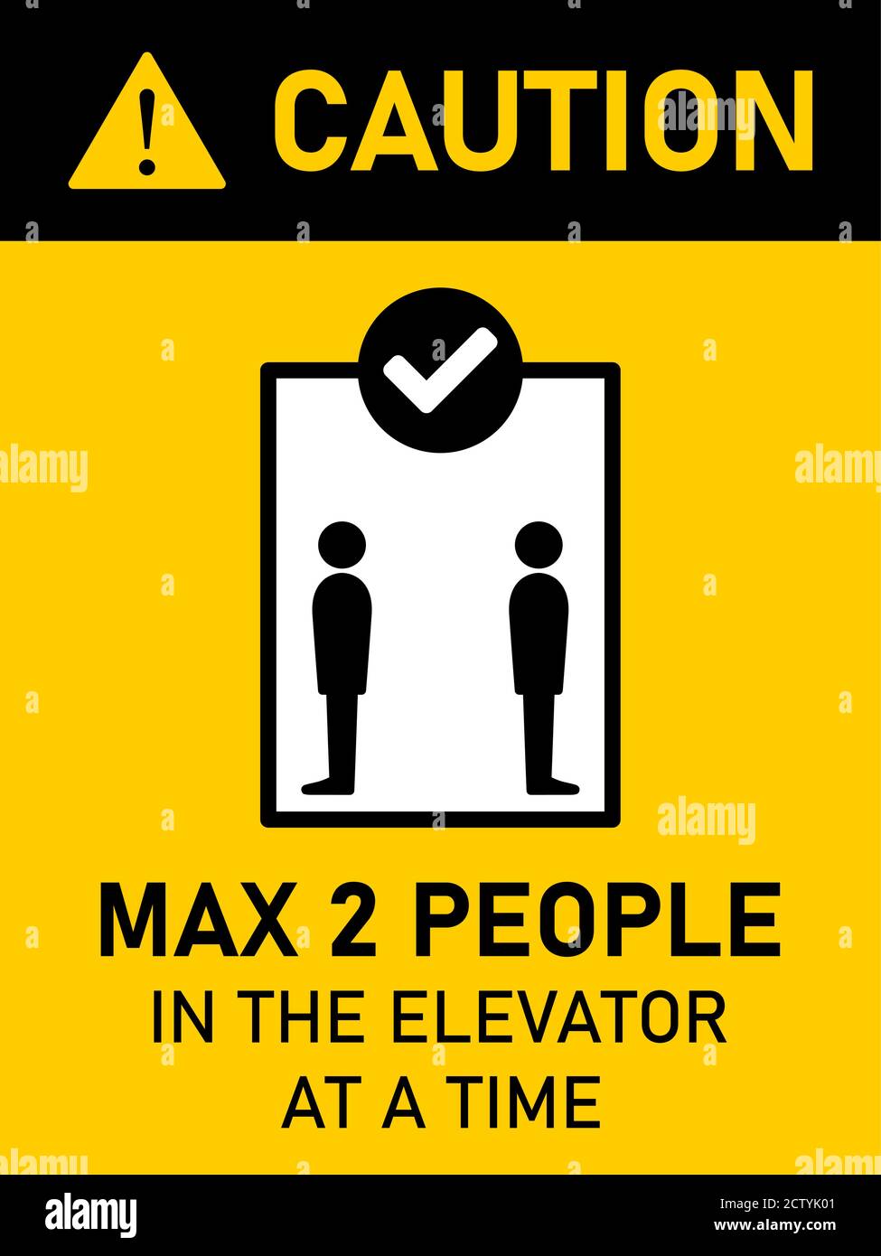 Attention 2 personnes max. Dans l'ascenseur à la fois vertical social distance instruction signer avec un format de 3:4. Image vectorielle. Illustration de Vecteur