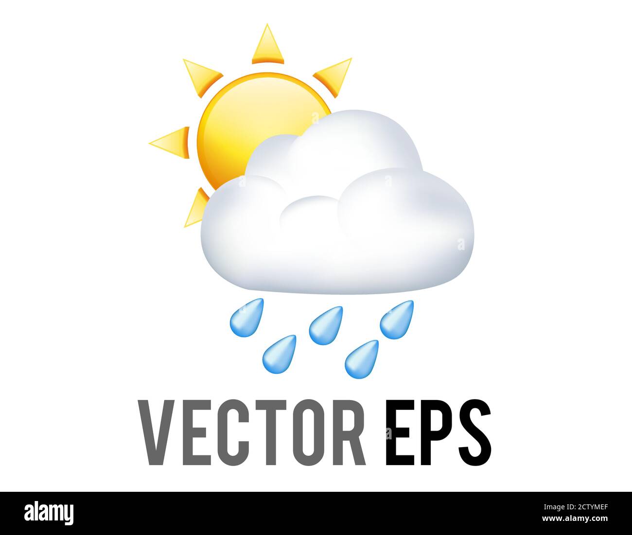Le dégradé isolé jaune soleil demi icône recouvert de pluie nuage blanc avec gouttes de pluie bleues Illustration de Vecteur