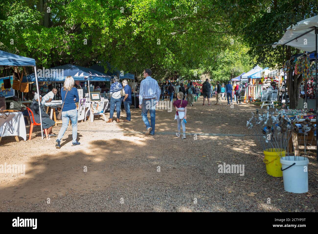 Domaine viticole Blaauwklippen, Stellenbosch, marché de la rue Cape Winelands avec des gens qui parcourent des étals sous les arbres Banque D'Images