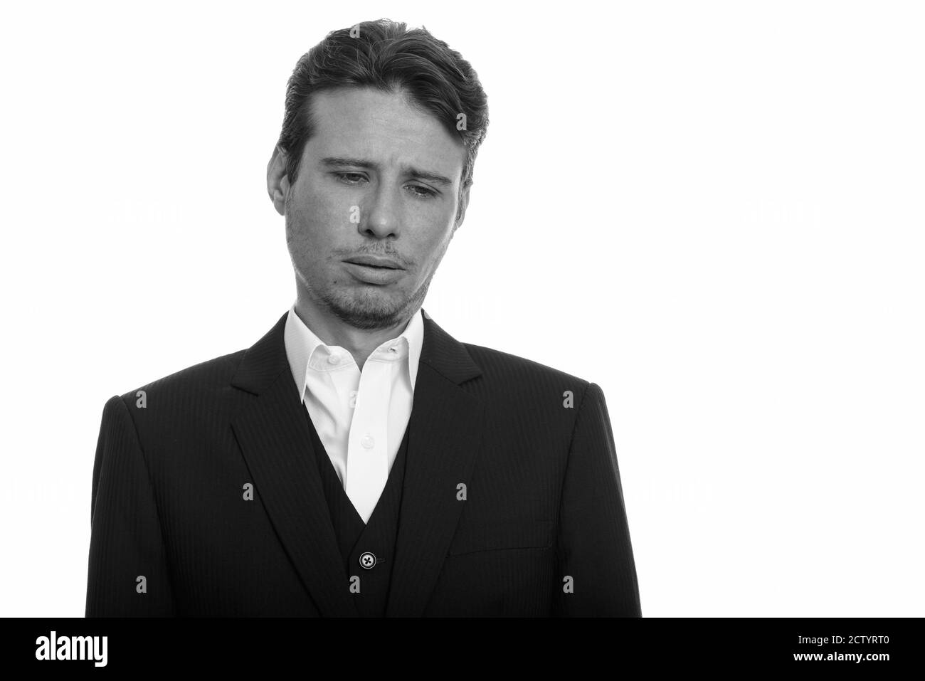 Portrait d'homme d'affaires stressé en costume triste et fatigué Banque D'Images