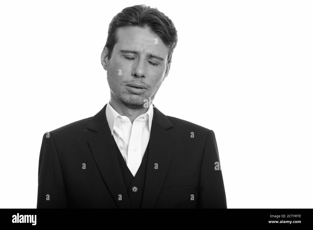 Portrait d'homme d'affaires stressé en costume triste et fatigué Banque D'Images