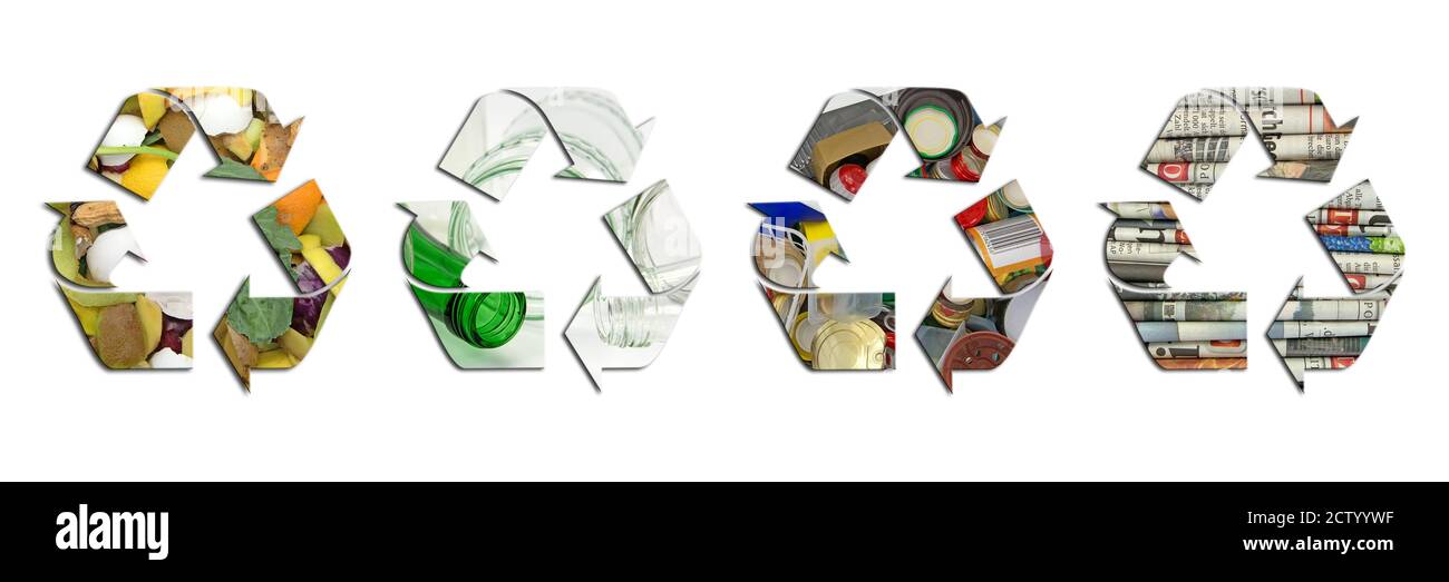 Déchets ménagers, tri et recyclage, symboles en un seul collage Banque D'Images