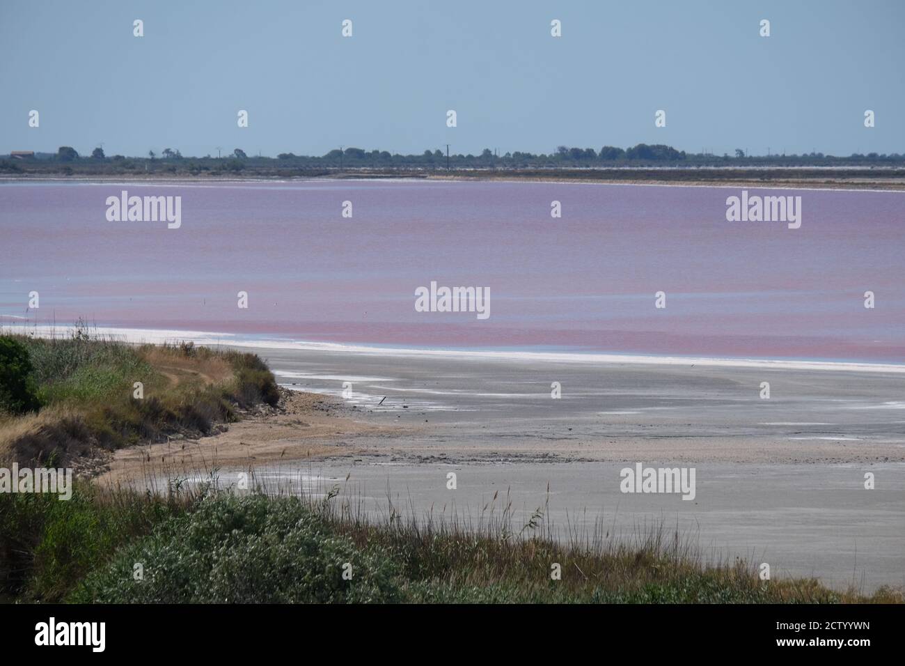 Vue sur le marais salin des salines où le sel naturel est récolté par évaporation à Aigues mortes, dans le sud de la France Banque D'Images