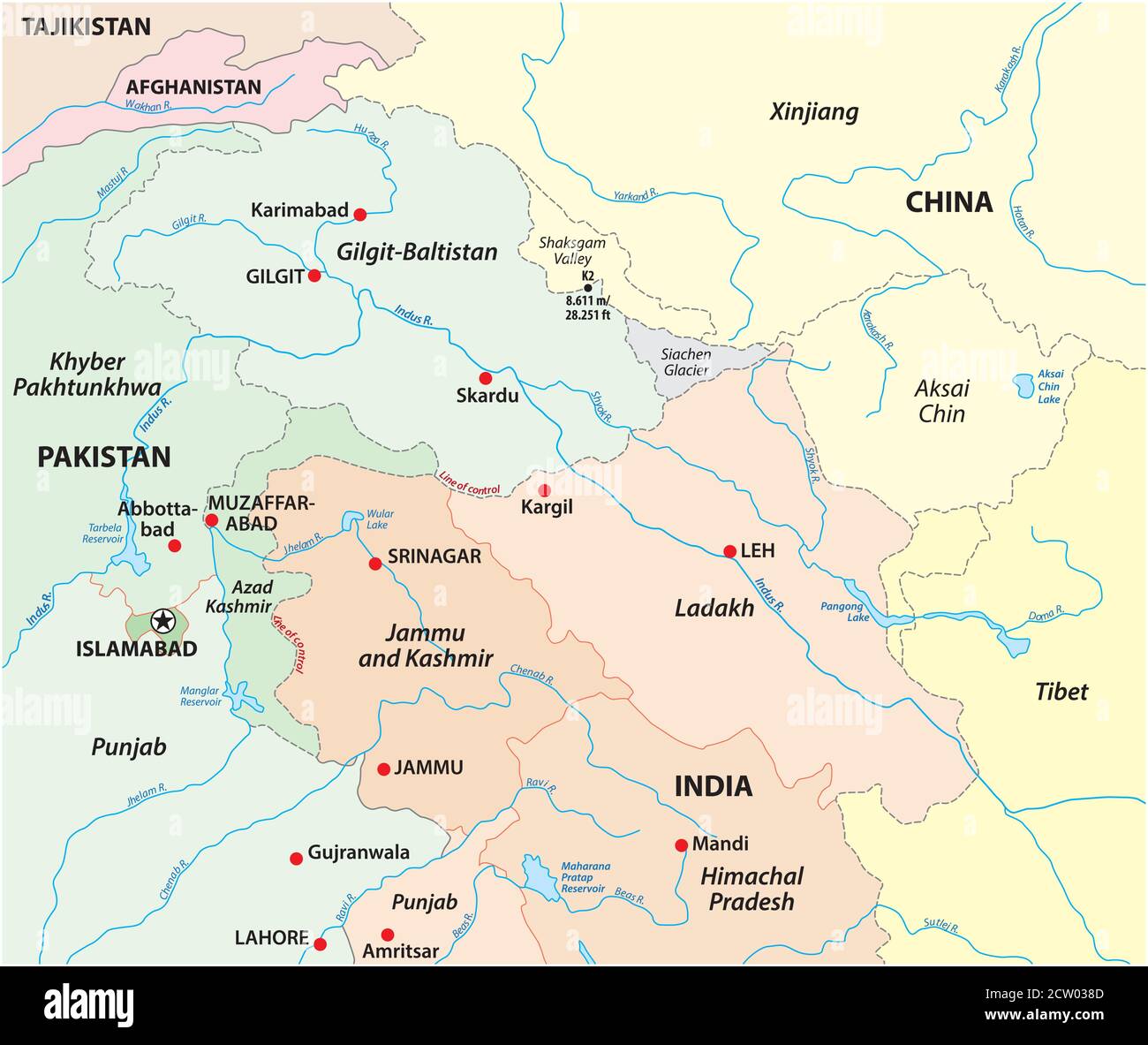 Carte vectorielle de la tenure territoriale du Cachemire Illustration de Vecteur