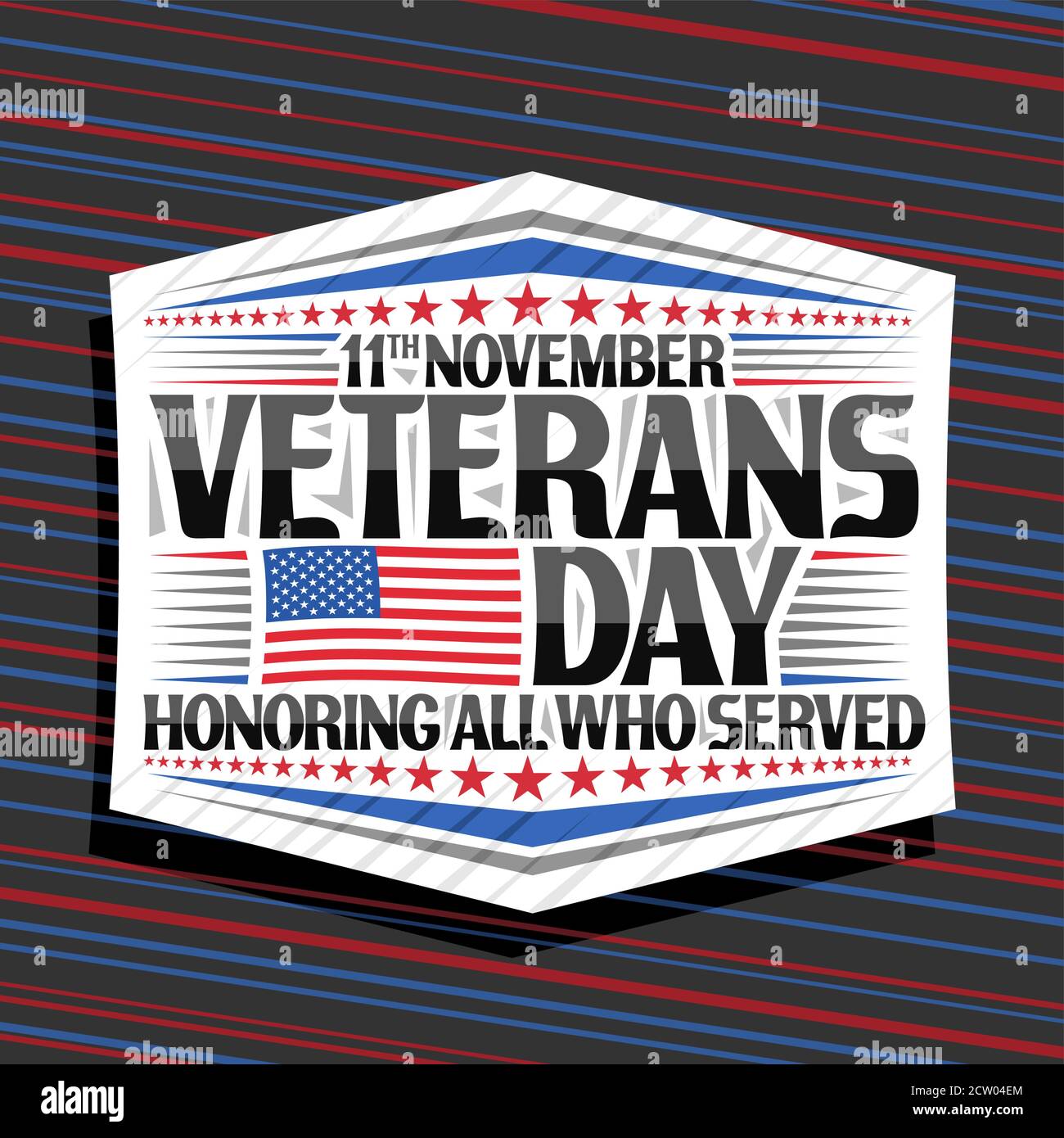 Logo Vector pour la fête des anciens combattants, badge décoratif blanc avec illustration du drapeau national rayé rouge et bleu des États-Unis et lettrage unique pour les mots 11t Illustration de Vecteur